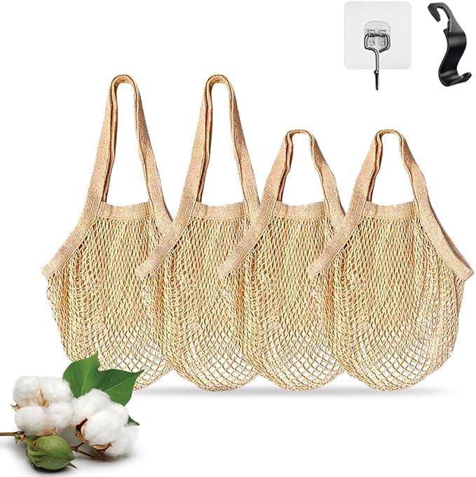 Premium Cotton Mesh Produce Bags, Natural, Reusable Washable Shopping Net, 2 Pack for Fruits, Vegetables, Grocery (Eco-Friendly Cotton Mesh Bags with Hooks, 4, Piece)