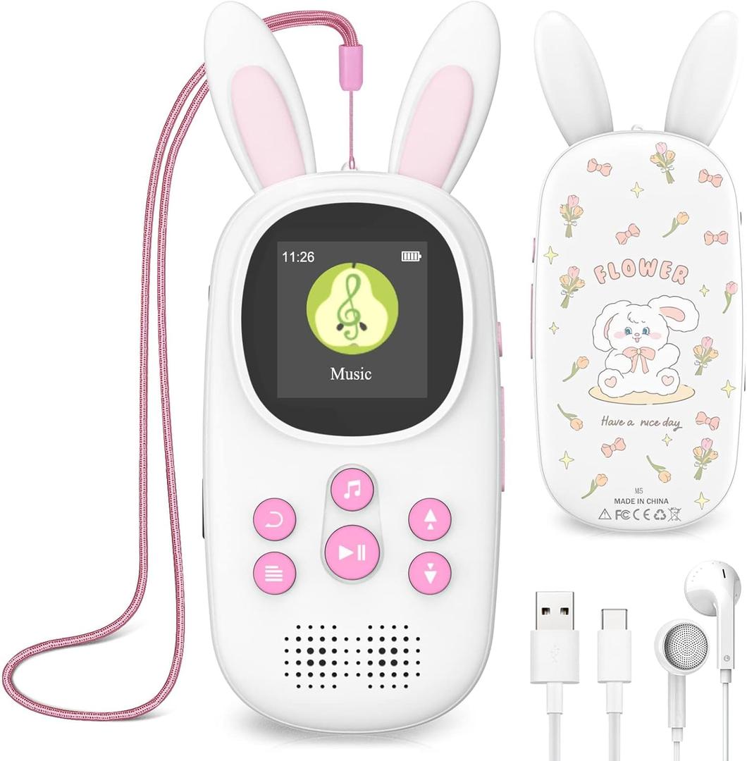 Mp3 Player for Kids, Cute Bunny Kids Mp3 Player with Bluetooth, 32GB Mp3 Players with Speaker, FM Radio, Recordings, Alarm, Pedometer, Stopwatch, Support up to 128GB