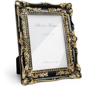 Cuspin 5x7 Picture Frame Black and Gold Frames, Vintage Baroque Handcrafted Resin Frames with Glass Front, Ornate Textured Design Decorative Picture Frame for Tabletop & Wall Display