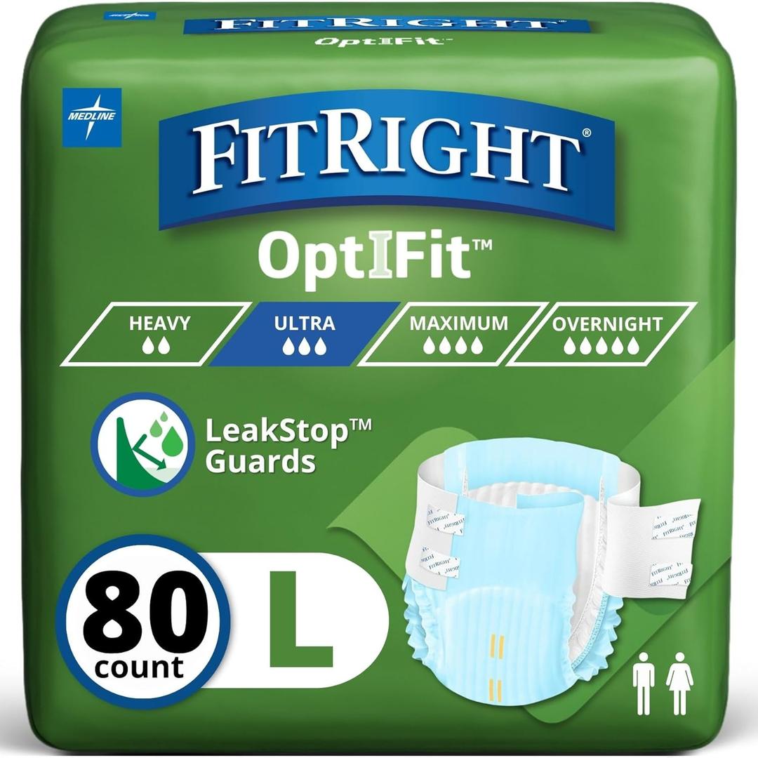 FitRight Ultra Heavy Absorbency Adult Diapers for Men & Women, Waist Size: Large 44-56 inches, OptiFit Incontinence Disposable Briefs with Leak Protection for Seniors, 80 Count (White, L)
