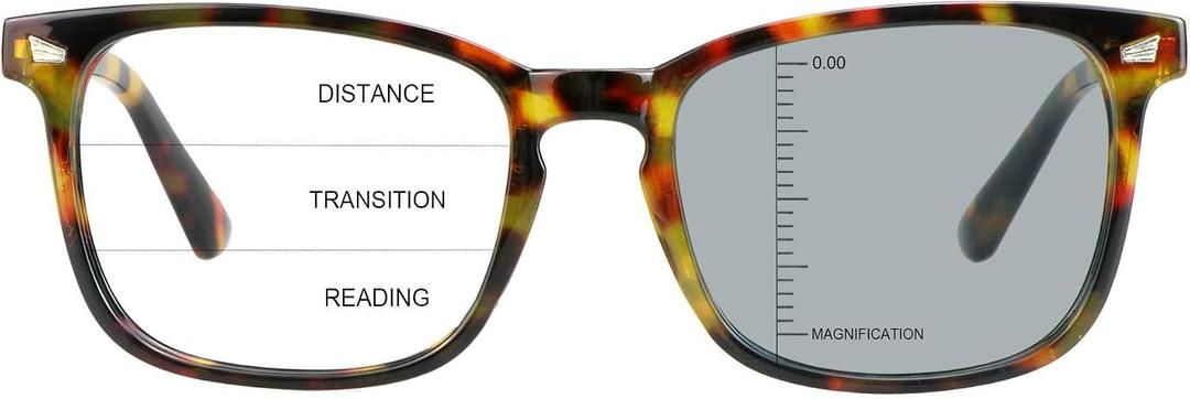Vintage Square Progressive Multifocal Presbyopic Glasses, Photochromic Gray Sunglasses for Men Women Readers, Amber, 1.25 x