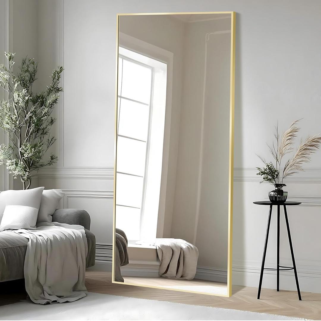 71x32" Large Rectangle Full Length Floor Mirror, Gold Standing Mirrors for Bedroom, Full Body Dressing Mirror with Stand, Tempered Glass Safety Wall Mirror for Living Room, Bathroom, Entryway Decor