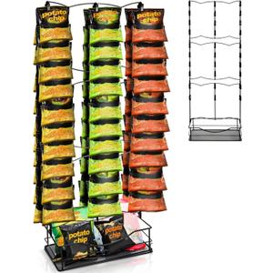 Chip Rack Display Stand, 3 Row 60 Clips Large Snack Retail Display Rack with Basket, Countertop Potato Chip Bag Candy Organizer Store Concession Stand for Party, Pantry, Office, Vendor Events