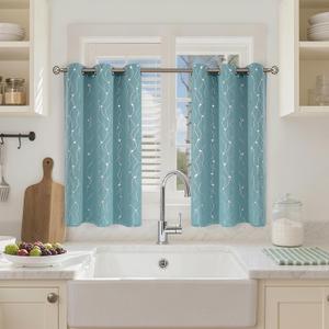 BGment Room Darkening Curtains 36 Inches Long, Grommet Thermal Insulated Blackout Curtains with Wave Line and Dots Printed for Bedroom, 2 Panels, Each 42 x 36 Inch, Aqua