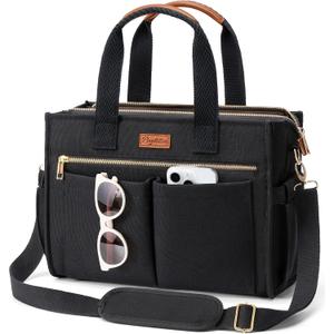 Canvas Tote Bag for Women, 15-Pockets Work Laptop Tote Purse Large Crossbody Nurse Teacher Bible Bag for School Travel Daily | with Strap & Zipper, Multi Compartment, Stand Upright Stably, College Shoulder Bag, Clinical Nursing Bag, Mothers Day Gifts