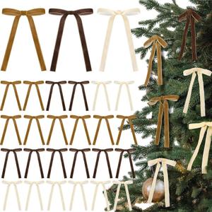 Glitinsel Brown, Beige 24 Pcs Velvet Bows Christmas Tree Ornaments Valentines Day Bows Decoration for Garland Home Coquette Wedding Decor (5 x 7 Inch, Width of 5/8", Khaki)