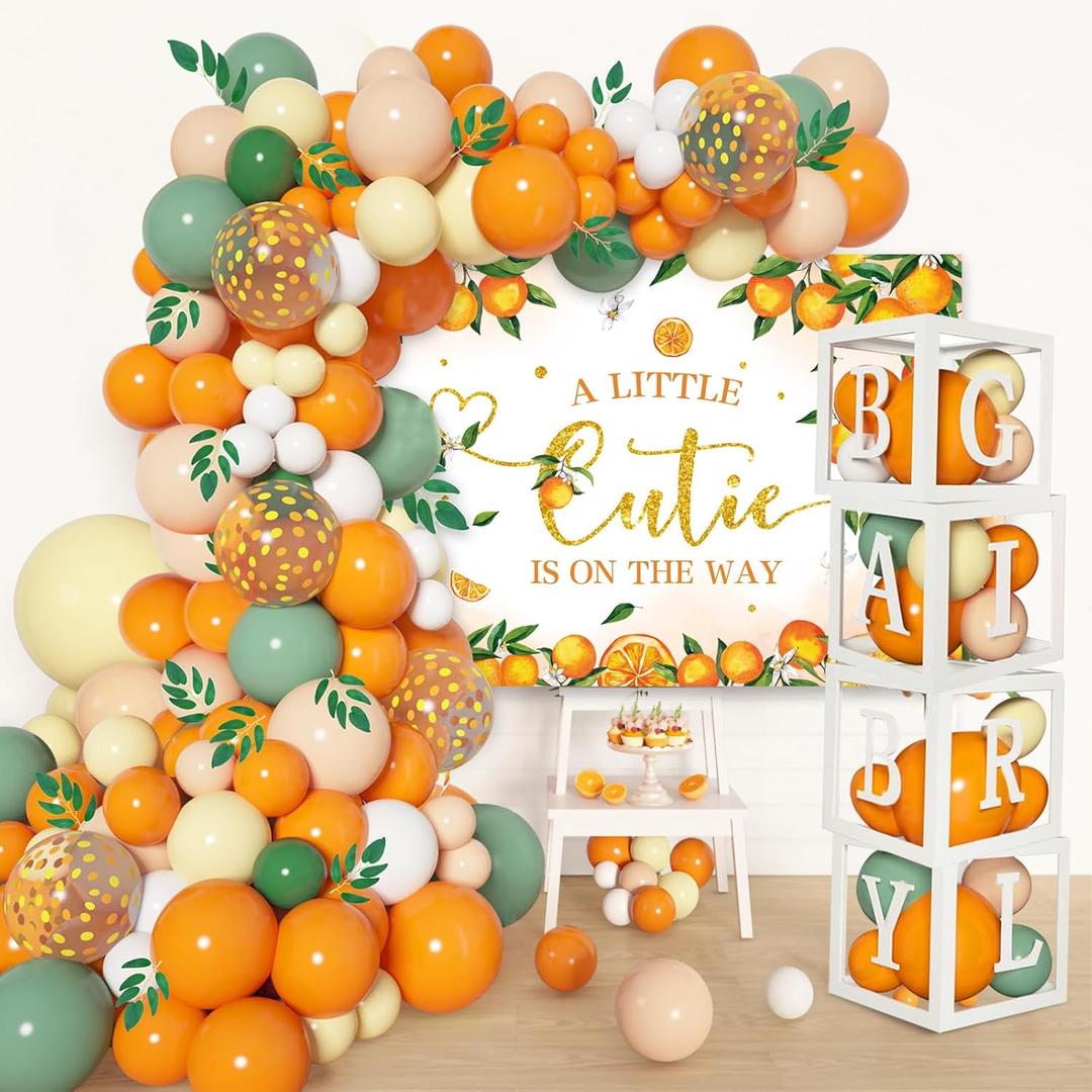 154PCS Little Cutie Baby Shower Decorations,Orange Balloon Garland Arch Kit with A Little Cutie is on the Way Backdrop,Baby Balloon Boxes with Letters for Orange Baby Shower Decor,Fruit 1st Birthday