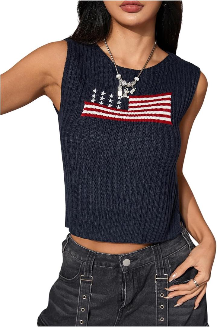 GORGLITTER Women's American Flag Crop Tank Tops Sleeveless 4th of July Patriotic Summer Outfits Sweater Vest (Black, L)