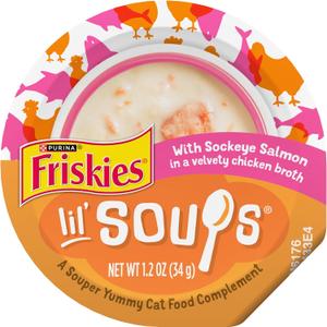 Purina Friskies Grain Free Lickable Cat Food Toppers Lil Soups With Sockeye Salmon in Chicken Broth - (Pack of 8) 1.2 oz. Cups (EXP 02/29/28)