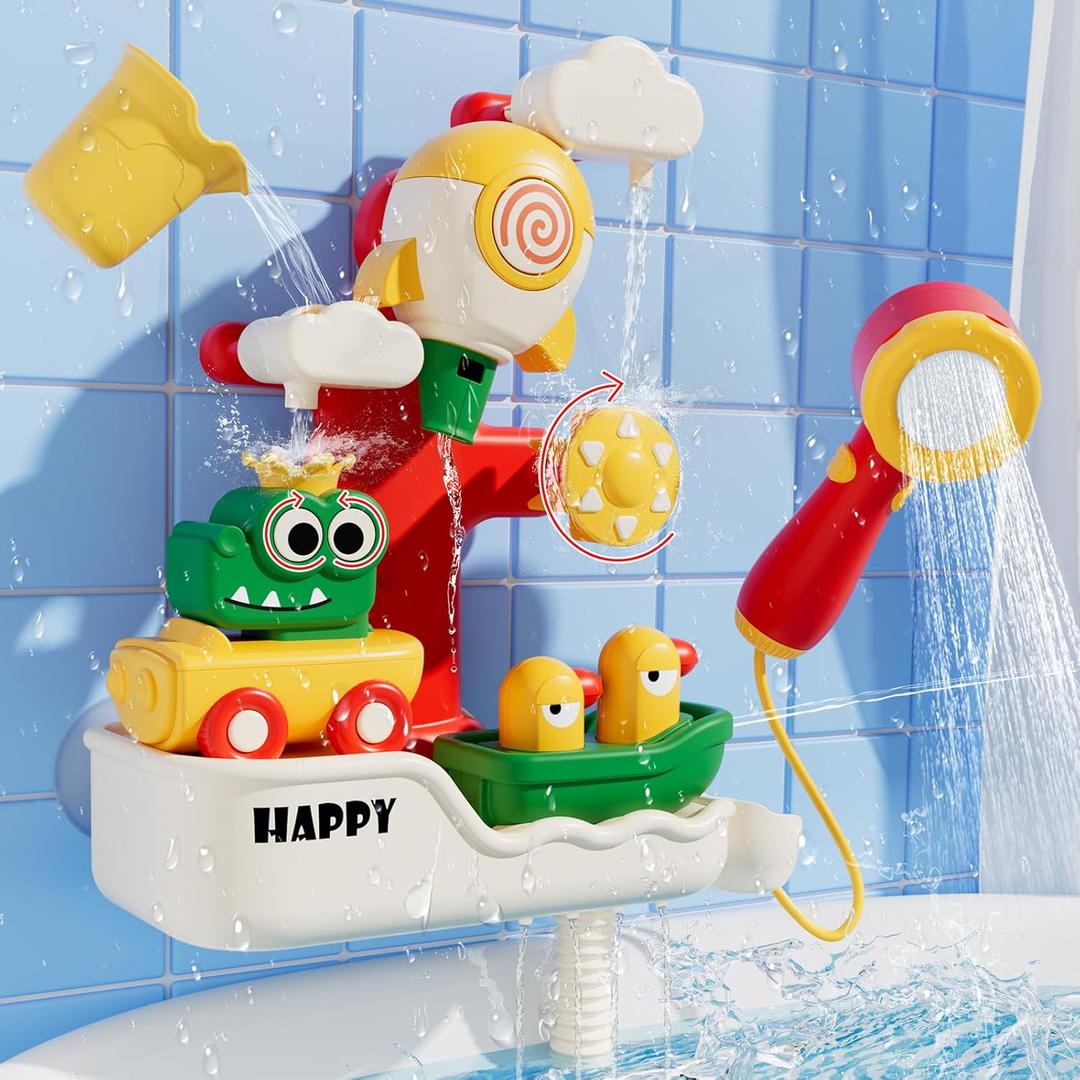 FlowFun Bath Toy Set: Electric Shower with 360 Rotate, Rocket Whistle, Cute Car Toy & Little Yacht | Interactive Water Play Kit for Toddlers 18 Months +