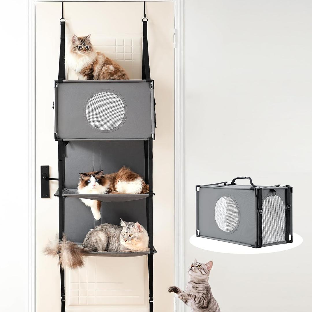 Pet Carrier for Small/Medium Cats Up to 22lbs, 4 in 1 Multi-Level Door Hanging Cat Tree Tower Condo for Indoor Cats, Collapsible and Tool-Free Assembly, Fits Doors <86in H