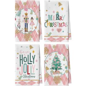 Artoid Mode Pink Nutcrackers Tree Holly Christmas Kitchen Towels, 18x26 Inch Quick Dry Microfiber Cloth Dish Towels for Kitchen Drying Set of 4