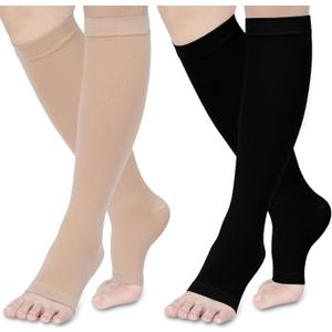 Ktinnead Compression Socks for Women and men 20-30 mmhg, Knee High Graduated Compression Stockings, Opaque, Open Toe, Unisex, Beige & Black, Large