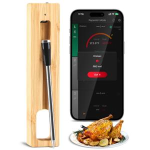 LNN Smart Wireless Meat Thermometer with Probe, Long Range Digital BBQ Thermometer for Grill, Oven, Smoker, Waterproof Bluetooth Real-Time Temperature Monitor for Steak, Chicken, Turkey (silvery)