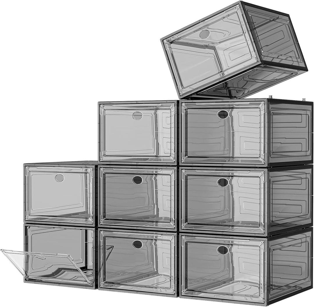 7 code Large Clear Shoe Boxes OrganizerThicker Material Stronger Shoe Box with Magnetic Door, Stackable Shoe Storage Box for Closet, Foldable Space-Saving Storage Bins Shoe Cabinet, Black 9-Pack