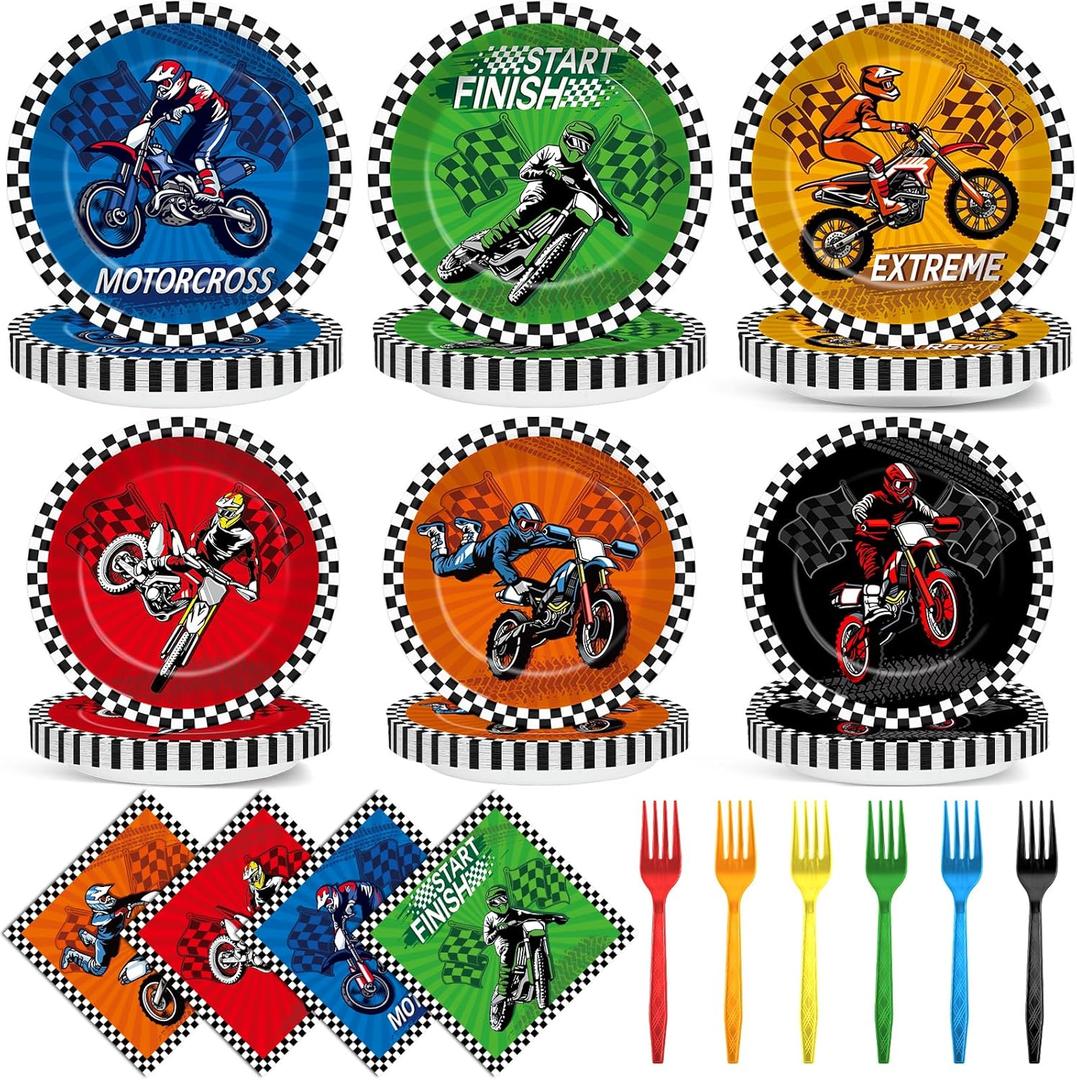 96Pcs Dirt Bike Party Decorations Motocross Birthday Dessert Plates Tableware Motorcycle Theme Dinner Paper Plates Napkins Racing Theme Dinnerware for Boys Baby Shower Supplies Favors