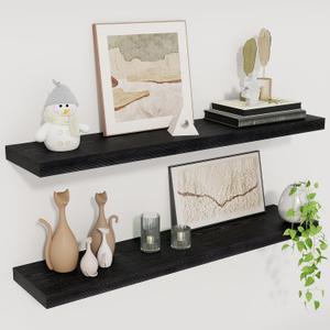 Fun Memories Floating Shelves for Wall, 30" Rustic Wood Deep Wall Mounted Shelves with Invisible Brackets for Decor & Storage, Floating Shelf for Living Room, Bathroom (Black, Set of 2), 30"W x 6.5"D, 2Packs
