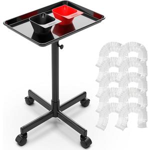 TASALON Adjustable Height Rolling Salon Tray with 2 Magnetic Bowls, Mobile Storage Trolley with Wheels, 10 PCS Disposable Salon Tray Cover, Aluminum Tray for Hairstylist 24-36 Inch, Black