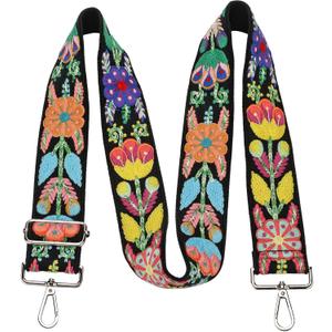 Wide Purse straps Crochet Flower replacement crossbody for Handbag Adjustable Embroidery Knit Guitar Shoulder strap (Black Gesang Flower)