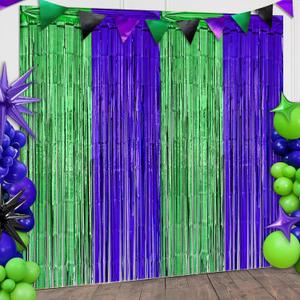 Monster Truck Foil Fringe Curtains Birthday Decorations, 2 Pack 3.28 x 6.56 Ft Cartoon Turtle Tinsel Backdrop Purple and Green Photo Booth Props Green Hero Birthday Party Decorations Favor Supplies