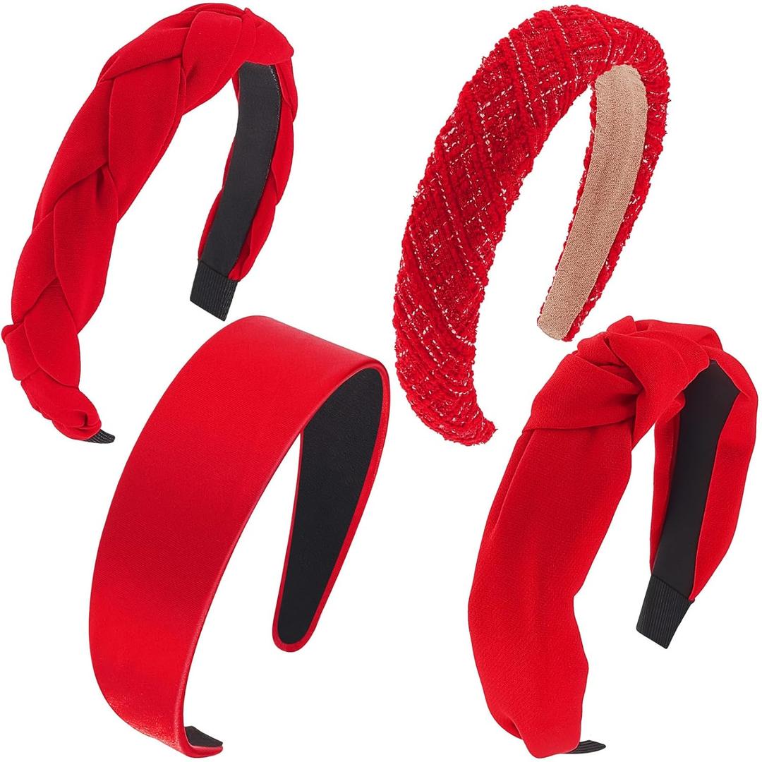 Taiyin 4 Pack Red Headbands for Women, Knotted & Braided Satin Velvet Hairbands, Non Slip Criss Cross Wide Headband Set, Bridal Fashion Hair Accessories, Gift for Mom Women Girls