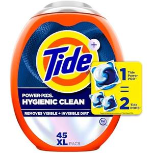 Tide Power PODs Hygienic Clean Heavy Duty Liquid Laundry Detergent Pacs, Free and Clear of Dyes and Perfumes, For Visible and Invisible Dirt, 45 Count, HE Compatible