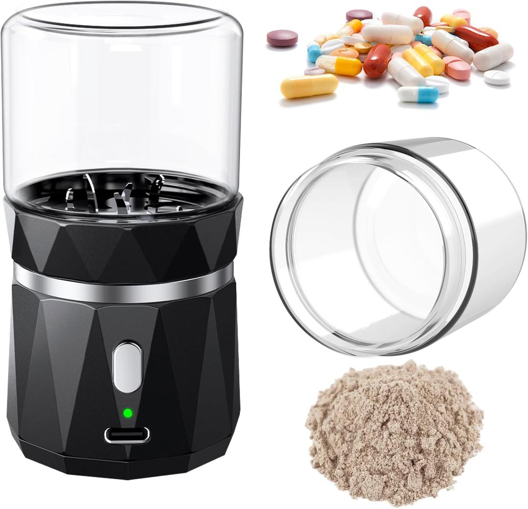 Small Portable Cordless Electric Pill Crusher Fine Powder for Elderly - Battery Operated Pill Grinder for Multiple Pills, Small and Large Medication and Vitamin Tablets - Suitable for Travel (Black)