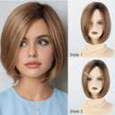 XIUFAXIRUSI XIUFAXIRUSI Short Brown Bob Wigs for Women Layered Straight Brown Mix Blonde Highlights Classic Short Hair Wig with Side Part Dark Root Natural Synthetic Wig