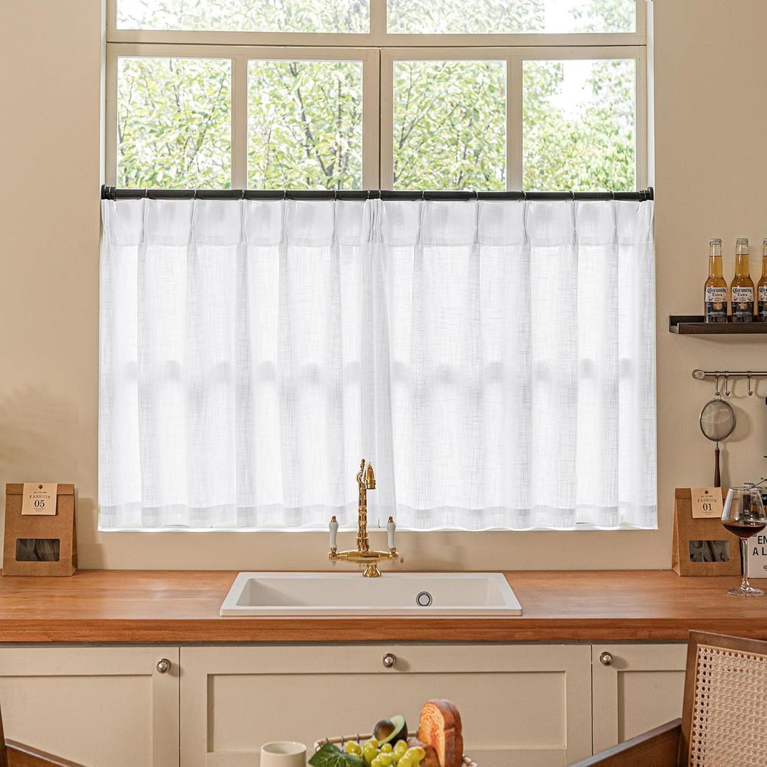 Pleated White Linen Cafe Curtains 30 Inch Length 2 Panels Privacy Light Filtering Semi Sheer Front Door Small Window Boho Farmhouse Pinch Pleated Short Curtains for Bathroom Kitchen Basement