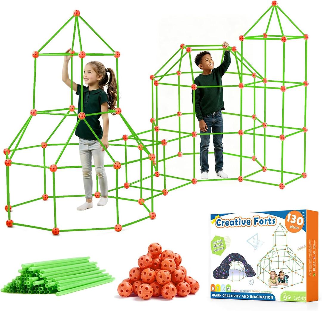 Tiny Land Fort Building Kit Creative Fort Indoor Outdoor for 5-12 Years Old Boys and Girls STEM Building Toys with Storage Bag DIY Castles Tunnels with 86 Rods and 44 Balls (130PCS, Orange-Green)