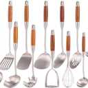 18/10 Stainless Steel Kitchen Utensils Set with Wooden Handle - 14 PCS Metal Cooking Tools & Serving Utensil, Large and Small Spoons Set - Whisk, Masher, Fork, Spatula, Turner, Ladle, Skimmer, Pasta