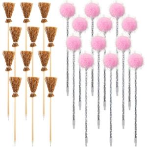 24 Pcs Witch Party Favors Include 12 Witch Broom and 12 Pink Pom Pom Ballpoint Goodie Bags Stuffer Broom Wands for Wizard Halloween Party Decorations Gifts (Creative)