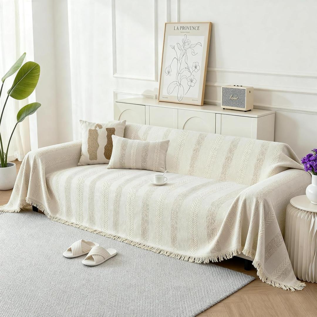 Boho Sofa Covers for 2 Cushion Couch, Chenille Sofa Slipcover for Pets Washable, L-Shape Sectional Loveseat Cover Soft Throw Blankets with Tassels(71x102,Striped Beige) (Striped Braid Cream)