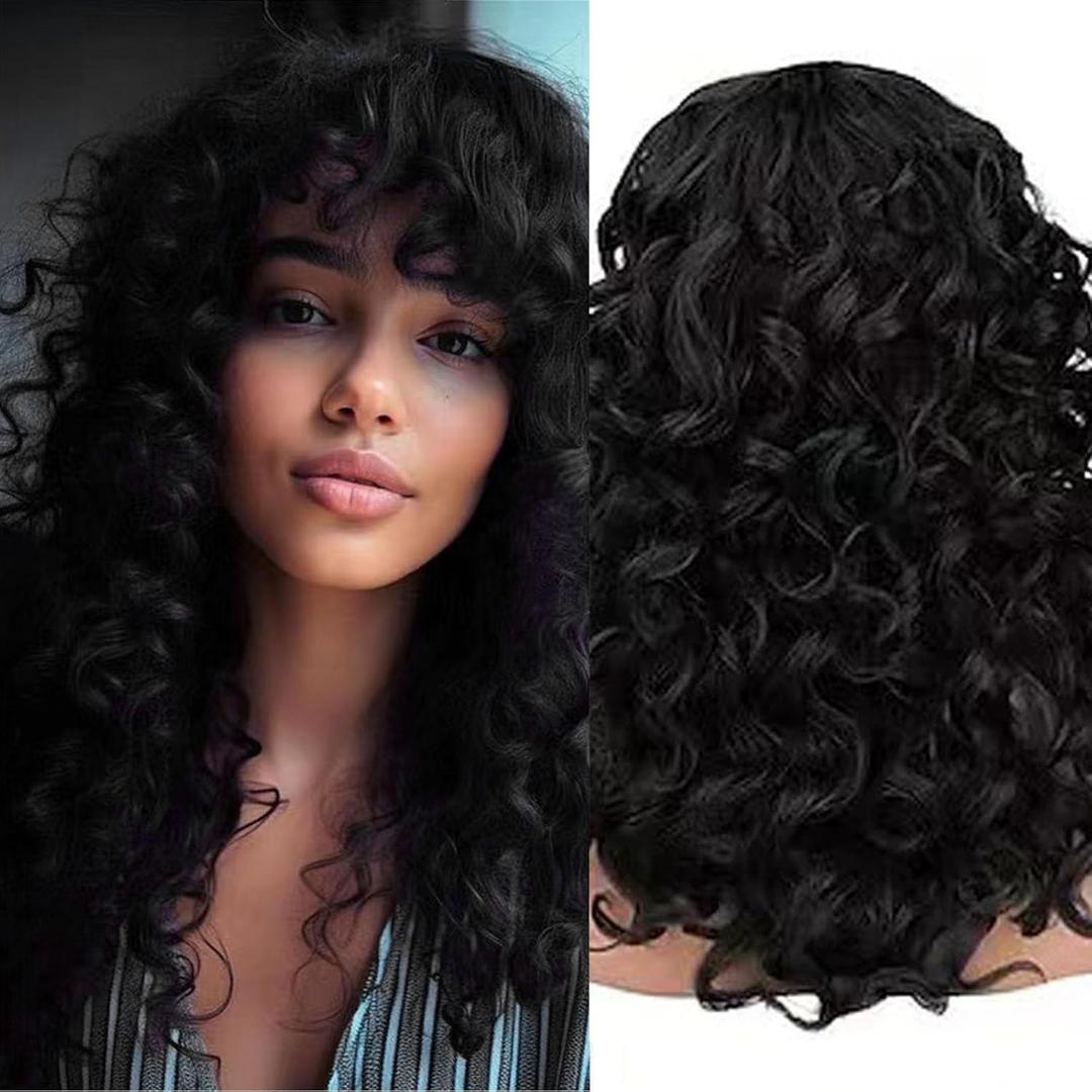 Curly Wigs with Bangs Long Glueless Synthetic Wig 22 inch Black Curly Wig for Black Women and White Women Heat Resistant (Black, Medium)