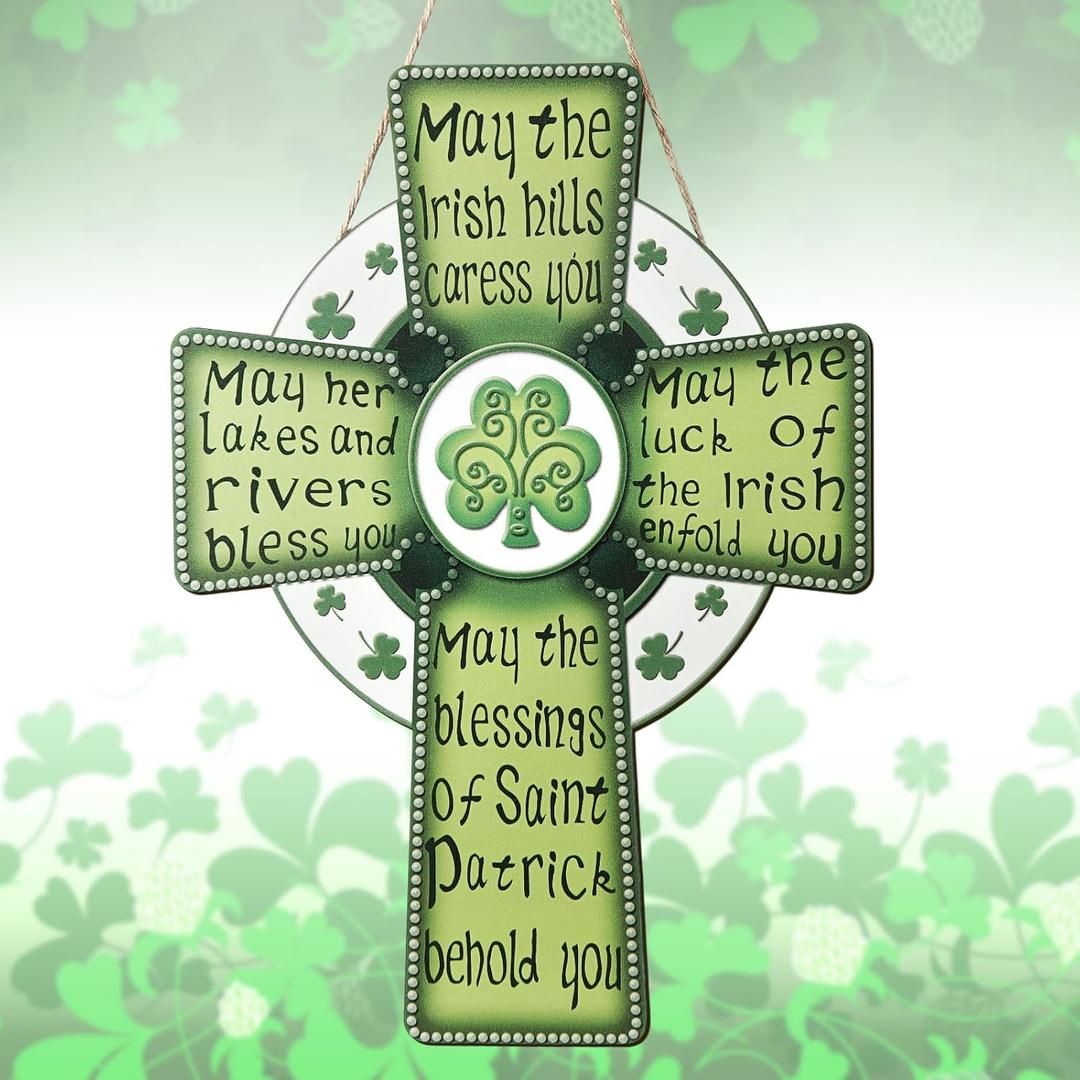 2 x AceOrbit St. Patrick's Day Front Door Sign Decor Green Cross Wooden Welcome Hanger with Irish Blessing Vintage for Irish Holiday Indoor Outdoor Home Porch Wall Window Farmhouse