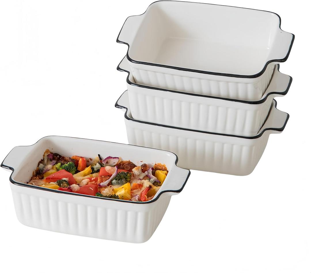 12 Oz Casserole Dish, Ceramic Baking Dishes Sets of 4, Small Casserole Dish with Handle, Porcelain Bakeware Sets, 5" Rectangular Baking Serving Dish for Casserole, Cakes, Dishwasher Oven Safe