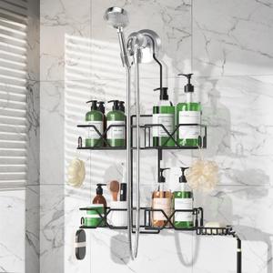 Stainless Steel Hanging Shower Caddy for Handheld Shower Heads,Adjustable Height Extra Long Bathroom Shower Organizer Hanger Rack with Hooks,Soap Holder (Black)