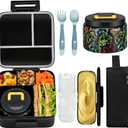 Bento Lunch Box for Kids With 8oz Soup thermo,Leak-proof Lunch Containers with 5 Compartment,thermo Food Jar and Lunch Bag, Food Containers for School (A-Black(Game Consoley))