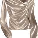 RoseSeek Women's Elegant Satin Tops Ruched Front Long Sleeve Shirts Dressy Blouses Fall Outfits (White, M)