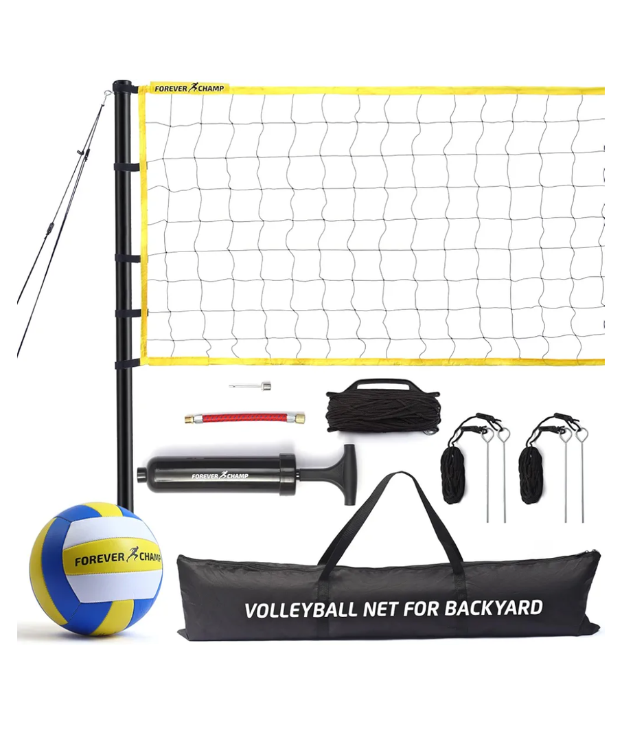 Forever Champ Volleyball Net for Backyard, Beach, Home, Includes 32x3 Ft Regulation Size Net, 8.5-Inch PU Volleyball, Carrying Bag, Boundary Lines, Steel Poles & Pump, Portable Volleyball Net Outdoor