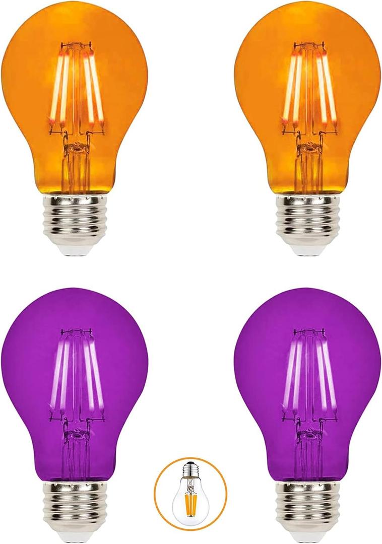 4 Pack A19 Filament LED Orange Purple Light Bulbs  E26 Base 8W 75 Watt Equivalent Vintage Decorative Lighting Orange Purple LED Bulb Party Decoration, Halloween Light Bulbs