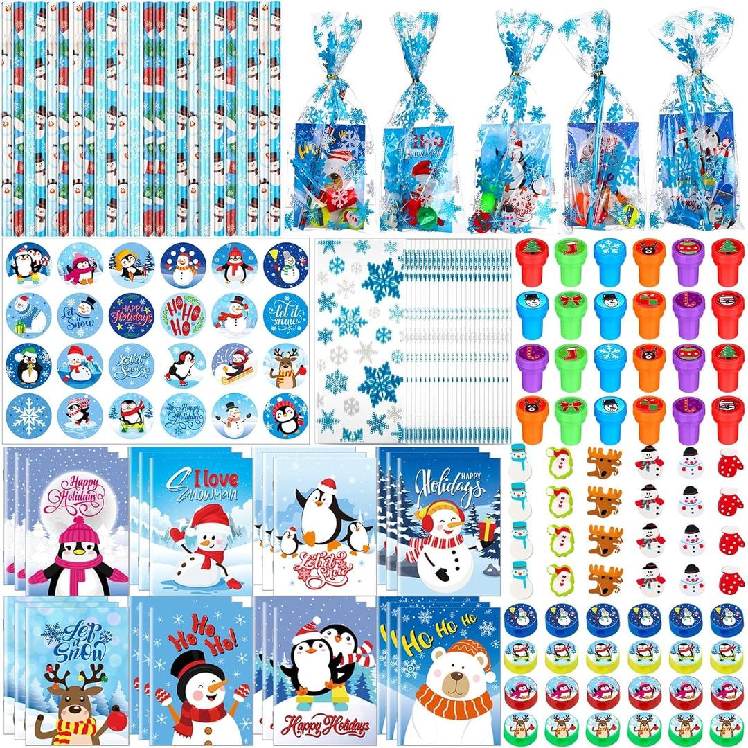 Zhanmai 168 Pcs Christmas School Stationery Set Includes 24 Christmas Pencils 24 Erasers 24 Sharpeners 24 Stickers 24 Mini Notebooks 24 Stamps 24 Gift Bags for Xmas Party Favors (Snowflake Style)