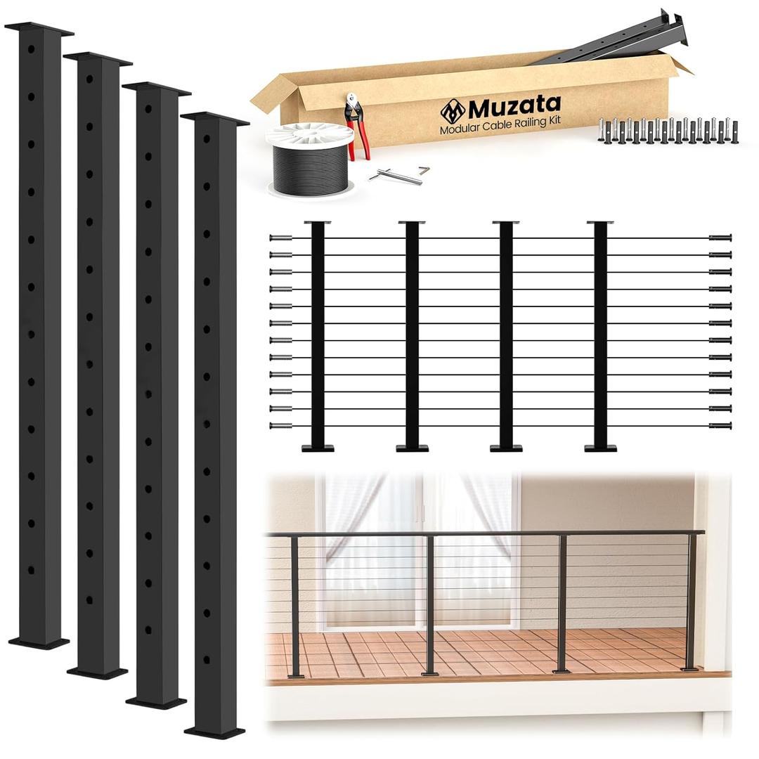 Muzata 15ft-20ft Complete Set 42" Cable Railing Post Kit Include 4Pack Black Cable Deck Railing Posts PS02, 250ft Wire Rope, Swageless Cable Railing System DIY Kit (No Handrail) RWS2 BH4L (42")