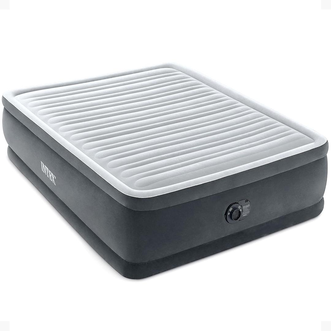 Intex Dura-Beam Deluxe Comfort-Plush Elevated Air Mattress: Fiber-Tech  Queen Size  Built-in Electric Pump  18in Bed Height  600lb Weight Capacity (Grey)