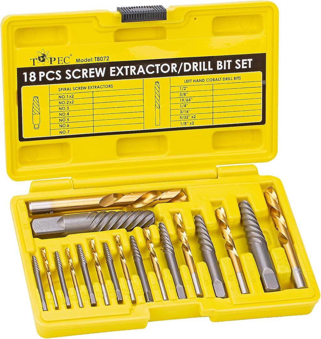 TOPEC Screw Extractor and Left Hand Drill Bit Set - 18 Piece Easy Out Bolt Extractor Kit for Removing Damaged Screws, Broken Bolts, Studs