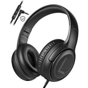 Kids Headphones Wired Toddler Headphones with Microphone - Over-Ear Headphones, 85/94dB Volume-Limiting, 3.5mm Jack Foldable On-Ear Design, Safe Comfortable for Boys Girls Learning Entertainment Black