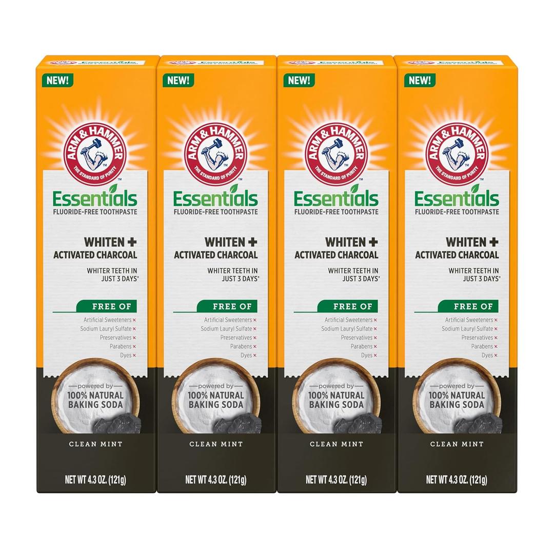 ARM & HAMMER Essentials Fluoride-Free Toothpaste, Whitening + Activated Charcoal Toothpaste, 4 Pack of 4.3oz Tubes, Clean Mint, 100% Natural Baking Soda