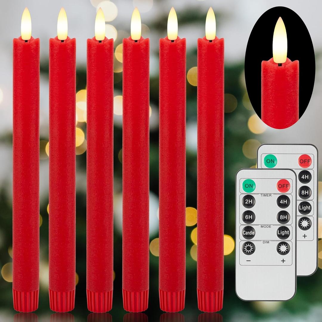 AFINETH Red and Green Flameless Taper Candles with Rmote, 9.6" Real Wax Christmas Battery Operated Candles, 6 Pack Led Flickering candlesticks for Home, Wedding, Party, Xmas Decor