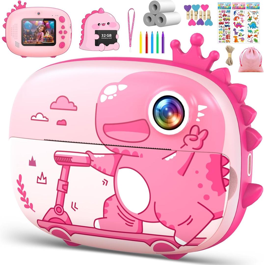 Kids Camera Instant Print, 20MP 1080P Ink Free Instant Print Camera for Kids, Dinosaur Instant Camera for Kids Aged 3-10, Toddler Camera for Kids Christmas Birthday Gifts (Pink) (Pink)
