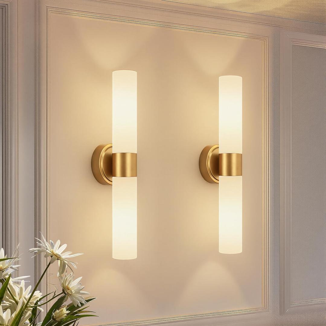 4 x Hardwired Wall Sconces Set of Two, Modern Bathroom Sconces Wall Lighting with Milky White Glass, Brushed Gold Sconces Wall Decor Set of 2 for Bathroom Mirror Bedroom Living Room Hallway